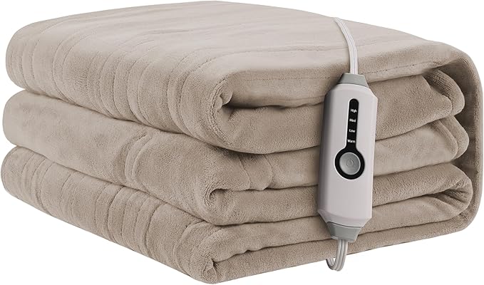 Heated Electric Blanket 62"x84" Twin Size, Soft Coral Fleece Blanket with 4 Heating Levels & 10 Hours Auto-Off, Fast Heating, Warm Cozy, Machine Washable for Home & Office - Light Brown