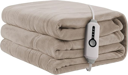 Heated Electric Blanket 62"x84" Twin Size, Soft Coral Fleece Blanket with 4 Heating Levels & 10 Hours Auto-Off, Fast Heating, Warm Cozy, Machine Washable for Home & Office - Light Brown