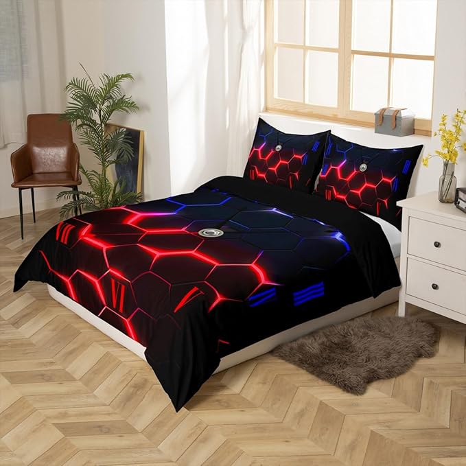 Castle Fairy Honeycomb Bedding Set Queen Size,Red and Blue Hexagon Geometric Duvet Cover Set for Children Present, Abstract Clock Comforter Cover with 2 Pillowcases Polyester Bedspread