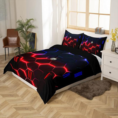 Castle Fairy Honeycomb Bedding Set Queen Size,Red and Blue Hexagon Geometric Duvet Cover Set for Children Present, Abstract Clock Comforter Cover with 2 Pillowcases Polyester Bedspread