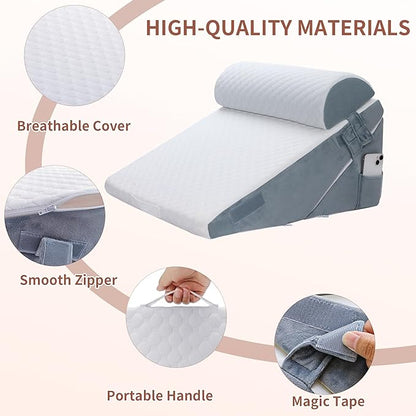 3PCS Bed Wedge Pillow Set for After Surgery, 9&12inch Orthopedic Memory Foam Adjustable Pillow Wedge for Acid Reflux Relief, Back Pain, Neck&Back Support