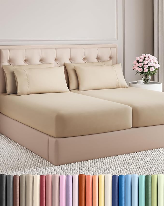 Split King 7 Piece Sheet Set - Comfy Breathable & Cooling - Ultra-Soft Hotel Luxury Bedding Set w/ 8-16 Inch Deep Pockets - 1 Flat & 2 Fitted Sheet & 4 Pillowcases - Wrinkle Free & Easy Care - Cream