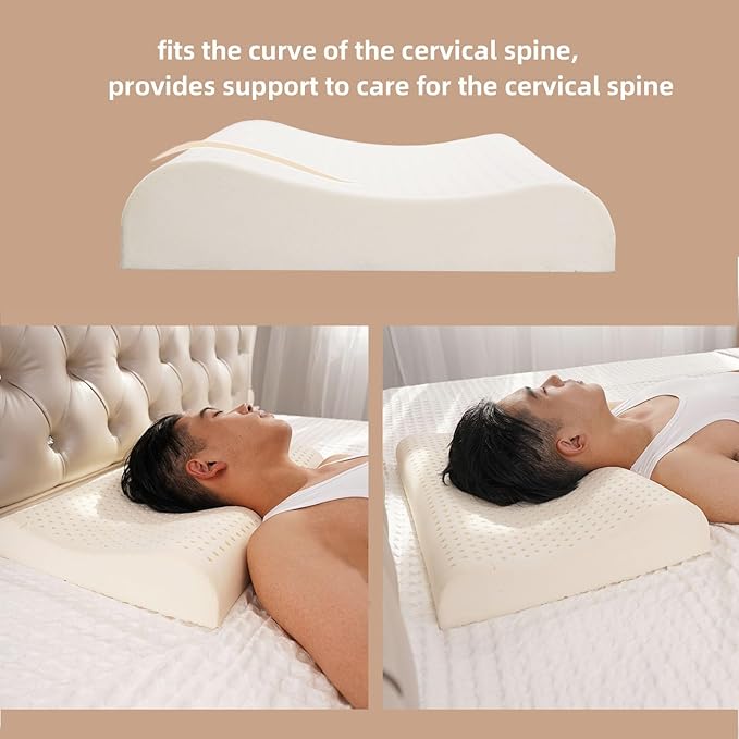 Slim Natural Latex Pillow for Stomach, Back Sleepers,Low Profile & Thin Ergonomic Contour Pillows Helps Cervical Neck Correction and Deeper Sleep (23.6" Lx15.7 Wx(3.1/3.9") H)