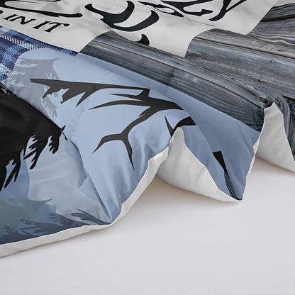 Snowy Forest Deer Comforter Set Full Size, 3-Piece Blue Vintage Animal Plaid Bedding Set for Kids Adults Bedroom, Hunting Wildlife Deer Tree Bedding Set with 2 Pillowcases & 2 Shams