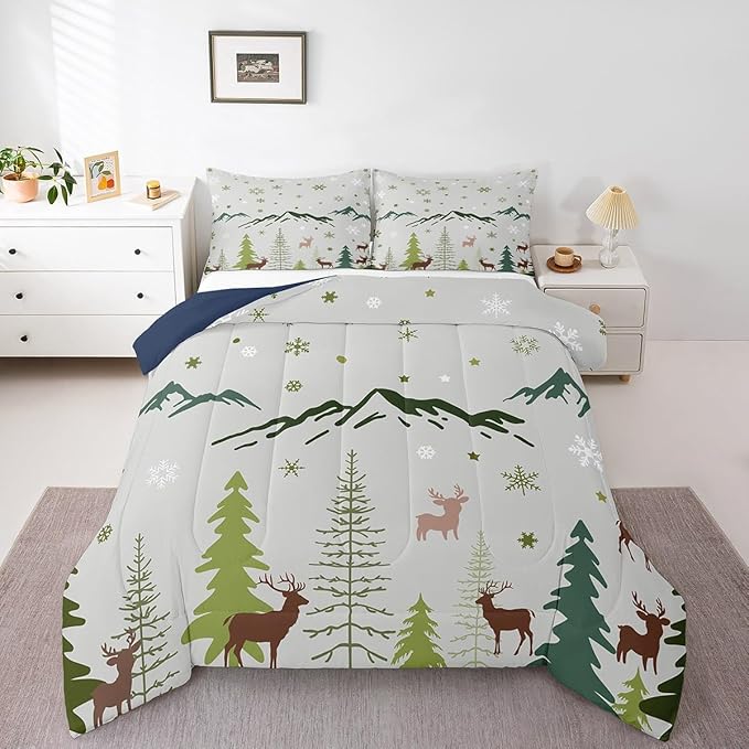 Castle Fairy Christmas Snowflakes Bedding Set Queen Size Cartoon Elk Silhouette Comforter Set for Kids Teens Room Decor Mountain Pine Tree Duvet Insert Xmas Theme Animal Down Comforter Set,3Pcs