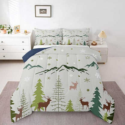 Castle Fairy Christmas Snowflakes Bedding Set Full Size Cartoon Elk Silhouette Comforter Set for Kids Teens Room Decor Mountain Pine Tree Duvet Insert Xmas Theme Animal Down Comforter Set,3Pcs