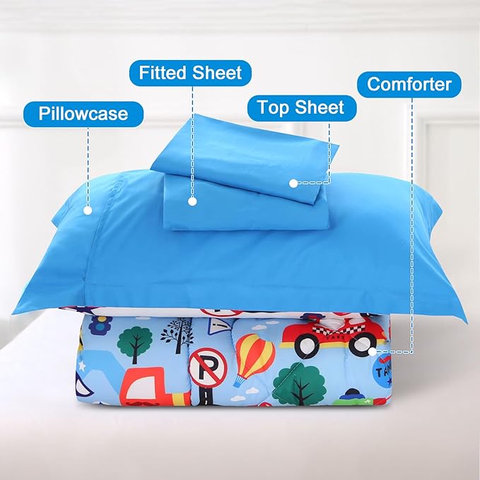 Wowelife Car Toddler Bedding Sets for Boys Blue, Premium 4 Piece Car Toddler Bed Sets for Boys, Super Soft and Comfortable for Toddler, Crib Bed 28 x 52 Inch, Transportation