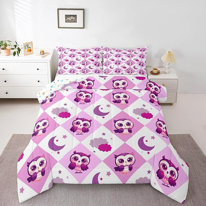 Castle Fairy Cartoon Owl Comforter Set Toddler Size Hand Drawn Star Moon Bedding Set Kids Boys Girls Kawaii Jungle Animal All Season Quilt Set Pink Violet Checkered Plaid Bedding Comforter Sets,2Pcs