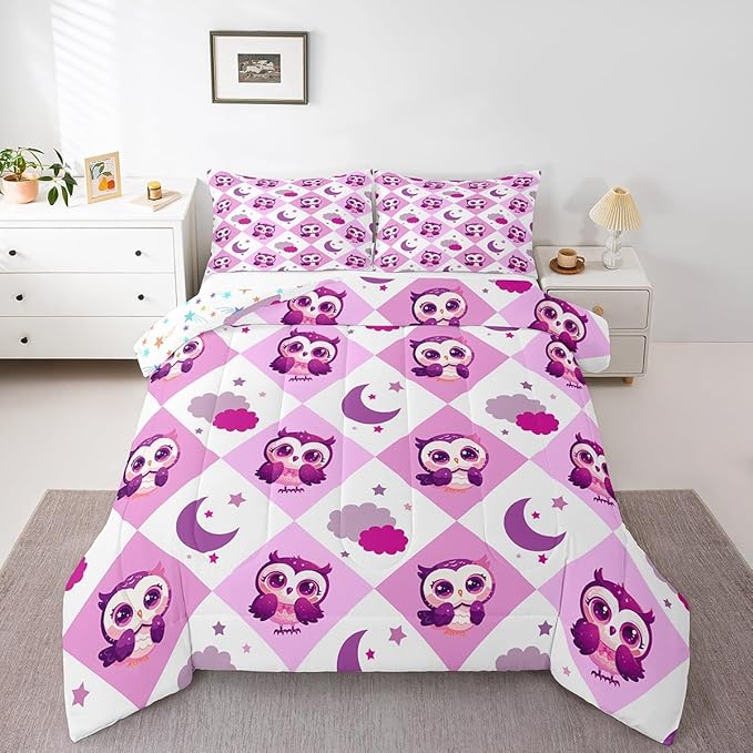 Castle Fairy Cartoon Owl Comforter Set King Size Hand Drawn Star Moon Bedding Set Kids Boys Girls Kawaii Jungle Animal All Season Quilt Set Pink Violet Checkered Plaid Bedding Comforter Sets,3Pcs