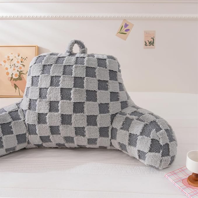 Aimuan Checkered Reading Pillow Bed Rest Wedge Backrest Checkerboard Pillow with Arms Back Support for Sitting Up in Bed Cushion Incline Rest Sleeping Snoring Pillow (Grey,Standard)
