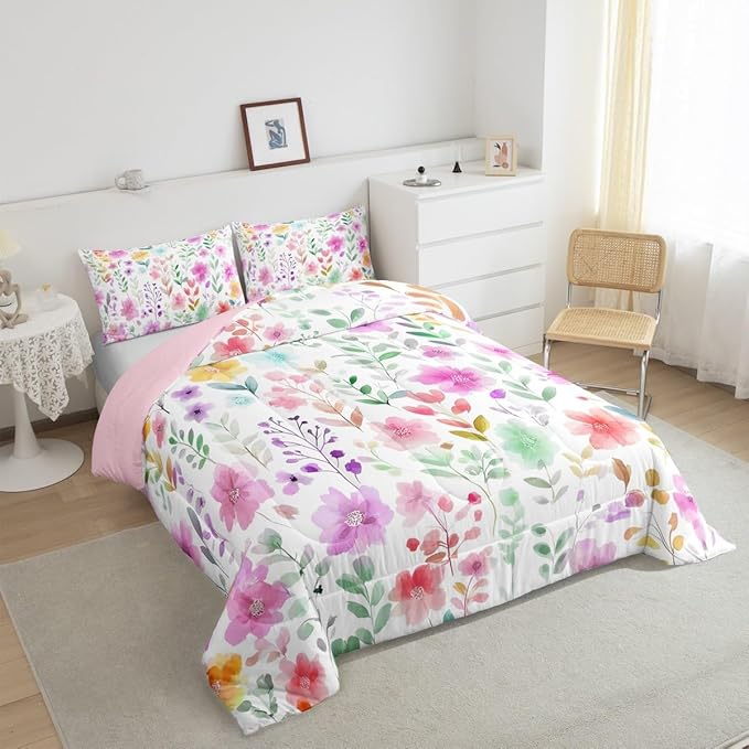 Erosebridal Cute Floral Toddler Bedding Set for Kids Girls,Purple and Pink Flower Comforter Set,Boho Chic Wildflower Bed Set,Colorful Flowers Farmhouse Room Decor,1 Pillowcase Ultra Soft
