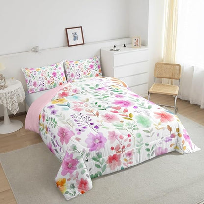 Erosebridal Cute Floral Queen Comforter Set for Kids Girls,Purple and Pink Flower Bedding Sets,Boho Chic Wildflower Bed Set,Colorful Flowers Farmhouse Room Decor,2 Pillowcases Ultra Soft