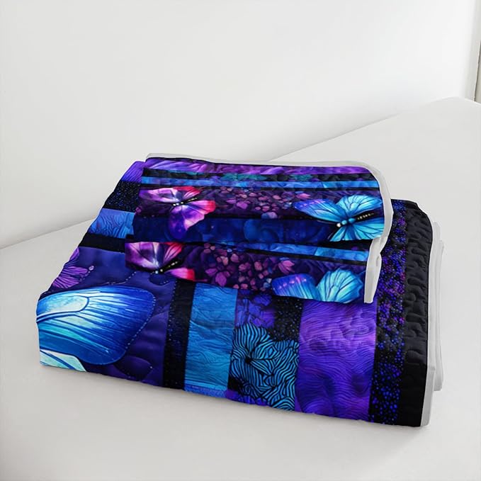 QOOMO Purple Butterfly Quilt Set Full/Queen Size,Butterfly Bedspread Coverlet Set,Butterflies 3Pcs Bedding Set Printed Quilt with 2 Pillowcases,Soft and Lightweight,for All Seasons
