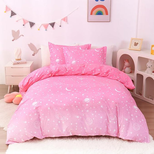 JSD Pink Stars Kids Duvet Cover Set Queen Size, 3 Piece Girls Space Theme Microfiber Comforter Cover with Pillow Shams Zipper Closure, Comforter Not Included
