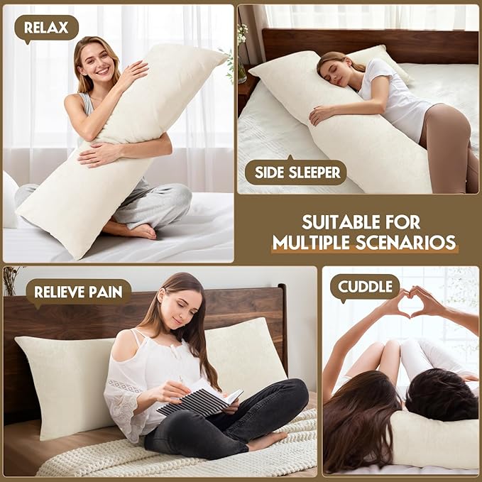 Body Pillow for Adults with Removable Pillowcase，Memory Foam Full Body Pillows for Side Sleepers, Back Pain, Pregnancy, Large Long Pillow Fluffy with Cover for Bed,20x54 Inch, Cream