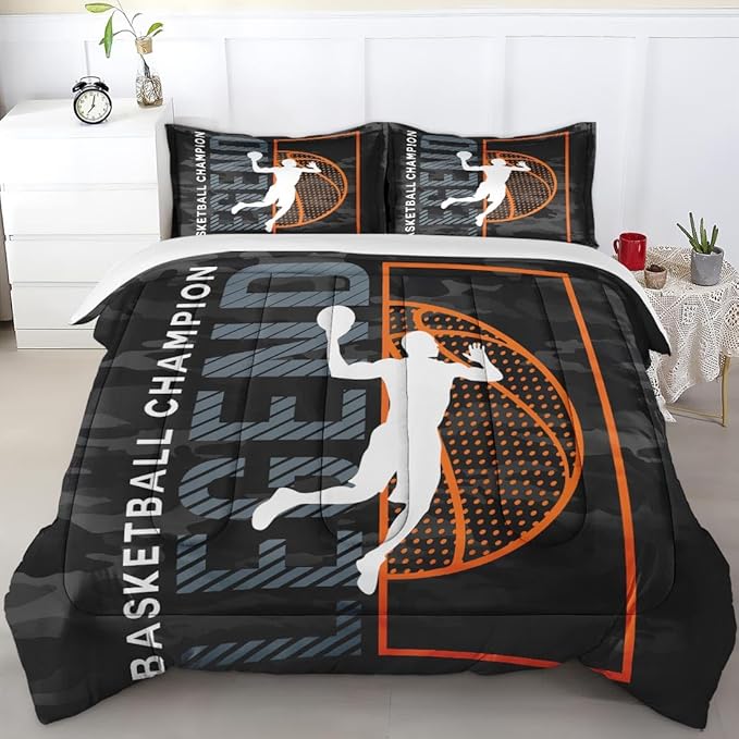 Queen Size Comforter Set with 2 Pillowcase, Vintage Basketball Sport Black Soft 3 Pcs Bedding for Kids and Adults, Bed Decor Urban Comforter Set for Room Bedroom