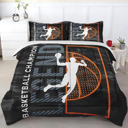 Queen Size Comforter Set with 2 Pillowcase, Vintage Basketball Sport Black Soft 3 Pcs Bedding for Kids and Adults, Bed Decor Urban Comforter Set for Room Bedroom