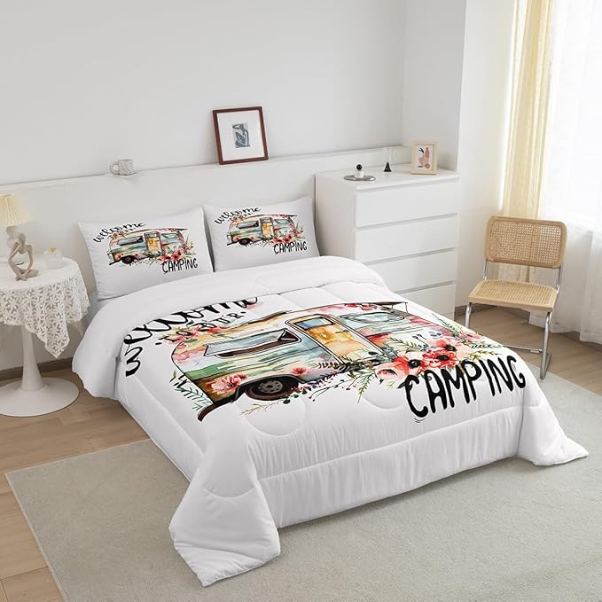 Feelyou Camper Van Comforter Set Kids Farmhouse Rustic Happy Camping Bedding Set Twin Women Men Camper Floral Decor Comforter Soft Nature Flower Quilt Boys