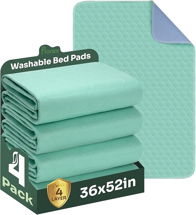 Hide Stains Bed Pads Washable Waterproof for Incontinence, 4-Layer Absorbency Pee Pads, Washable Underpad, Bed Wetting Pad for Elderly, Adults, Pets, 36"x52"-4 Pack, Green