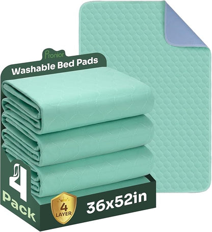 Hide Stains Bed Pads Washable Waterproof for Incontinence, 4-Layer Absorbency Pee Pads, Washable Underpad, Bed Wetting Pad for Elderly, Adults, Pets, 36"x52"-4 Pack, Green