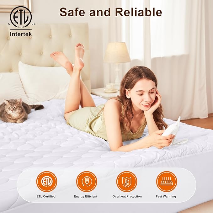 HYLEORY Heated Mattress Pad Queen Size Dual Control, Fast Heating Bed Warmer, Electric Mattress Pad Cover with Deep Pocket 9 Heat Settings, 10 H Auto Shut Off, Machine Washable, White 60"*80"