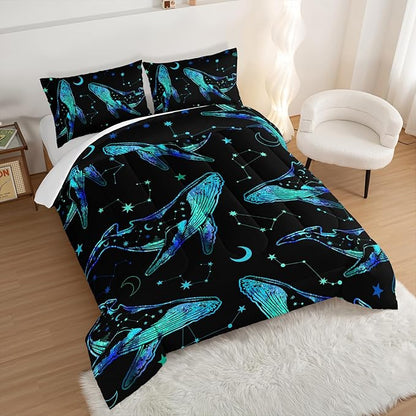 Whale Print Comforter Marine Life Bedding Set,Glowing Stars Moon Constellation Pattern Comforter Sets for Kids Boys Girls Room Decor,Cute Coastal Bedding Set Full Size with 2 Pillowcases.