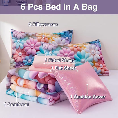 A Nice Night Stunning Blooming 3D Flower Floral Comforter Sets, with Pearl Flower Core Pattern Bedding Set for Girls Queen Size, Ultra Soft Bedding Sets (Blue-Purple, Queen 6Pcs)
