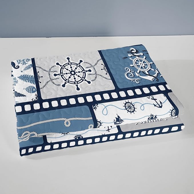 QOOMO Voyage Quilt Set Twin Size,Sailing Bedspread Coverlet Set,Ocean 3Pcs Bedding Set Printed Quilt with 2 Pillowcases,Soft and Lightweight,for All Seasons