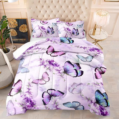 Lavender Butterfly Comforter Set for Girl Kid Adult Colorful Butterfly Pattern Bedding Set Aesthetics Butterflies Quilt Bed Set Full Size with 1 Comforter and 2 Pillowcases