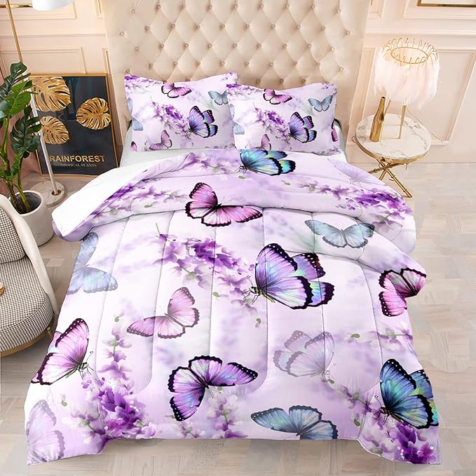 Lavender Butterfly Comforter Set for Girl Kid Adult Colorful Butterfly Pattern Bedding Set Aesthetics Butterflies Quilt Bed Set Queen Size with 1 Comforter and 2 Pillowcases