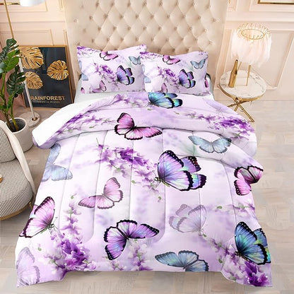 Lavender Butterfly Comforter Set for Girl Kid Adult Colorful Butterfly Pattern Bedding Set Aesthetics Butterflies Quilt Bed Set Queen Size with 1 Comforter and 2 Pillowcases