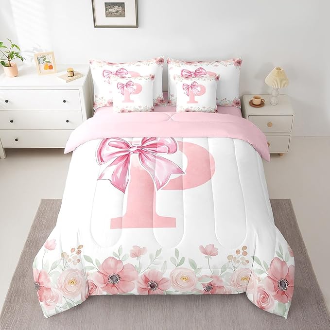 Erosebridal Initial Letter P Bow Bedding Sets for Kids Girls, Pink Girly Bowknot Bed in A Bag King Cute Fantasy Princess Bedding Set Bedroom Decor Romance Flower Floral Comforter Set with Sheets