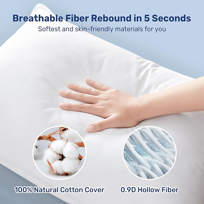 UNIKOME Ultra Soft Pillows Queen Size Set of 2 - Hotel Collection Luxury 100% Cotton Cover Down Alternative Bed Pillow, Fluffy Pillows for Back, Stomach or Side Sleepers