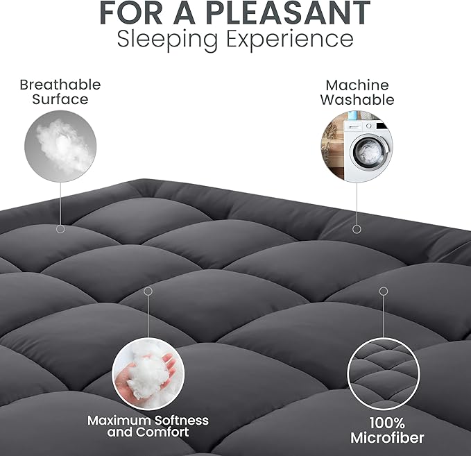 Utopia Bedding Full Mattress Pad, Quilted Fitted Premium Mattress Protector, Deep Pocket Cover Stretches up to 16 Inches, Fluffy Pillow Topper (54x75 Inches, Grey)