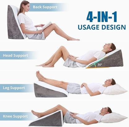 Sasttie Wedge Pillow, 12 Inch Memory Foam Bed Wedge Pillow for Sleeping, Acid Reflux, Back Pain, Post Surgery, and Snoring, Designed with Washable Cover, Cool Gray