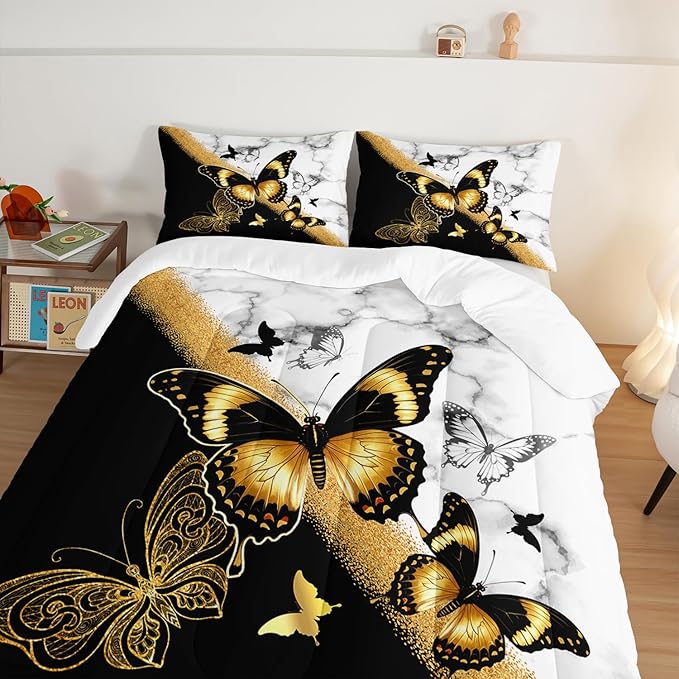 Kids Bedding Twin Size Comforter Set,Black and Gold Butterfly Bedding Comforter Sets for Boys Girls Room Decor,Animal Themed Artistic Aesthetic Bedding Sets with 2 Pillowcases.