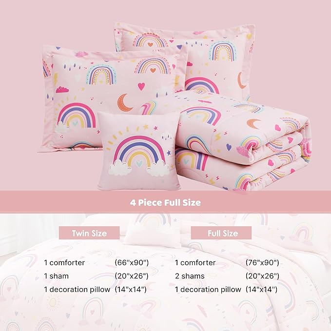 Glow in The Dark Kids Comforter Set Full Size for Girls, Pink Rainbow Bedding Set 1 Comforter, 1 Decor Pillow, 2 Pillow Shams