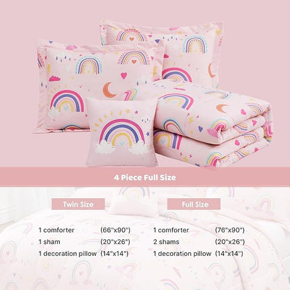 Glow in The Dark Kids Comforter Set Full Size for Girls, Pink Rainbow Bedding Set 1 Comforter, 1 Decor Pillow, 2 Pillow Shams
