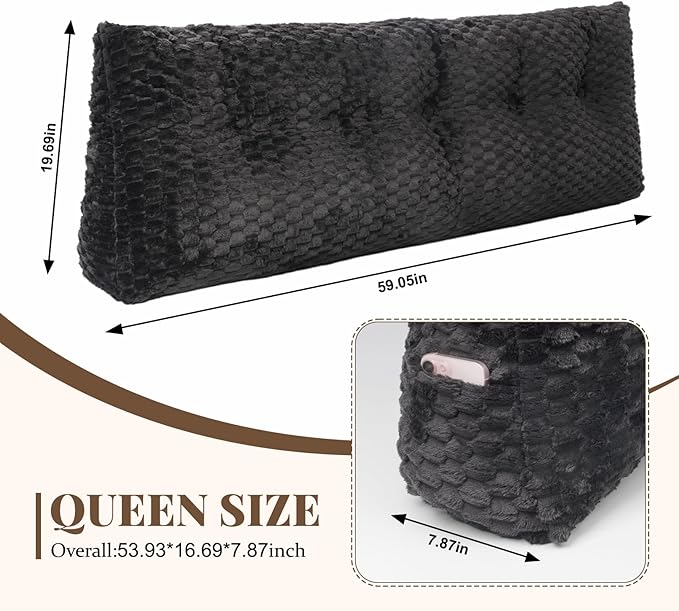 Large Headboard Wedge Pillow, 59 * 20 * 8In Bed Rest Reading Pillow, Back Support Long Pillow, Bed Bolster Rest Reading Pillow with Removable Cover (Black, Queen)