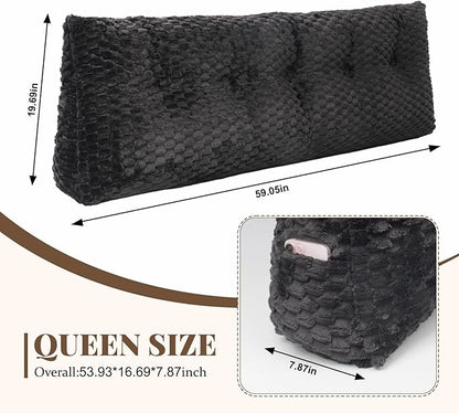 Large Headboard Wedge Pillow, 59 * 20 * 8In Bed Rest Reading Pillow, Back Support Long Pillow, Bed Bolster Rest Reading Pillow with Removable Cover (Black, Queen)