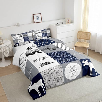 Bear Deer Comforter Set Hunting Camping Bedding Set for Kids Boys Girls Deer Antler Comforter Rustic Cabin Plaid Duvet Set 1 Comforter Set with 2 Pillowcases Full Size Boys