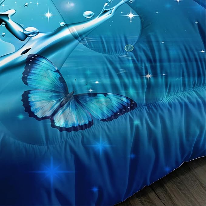 Fantasy Blue Butterfly Comforter Set King Size,Butterflies on Water Flash Bedding Sets 3 Pieces,Blue Series Aesthetic Bedding for Kids Girls Boys Room Decor with 2 Pillowcases.