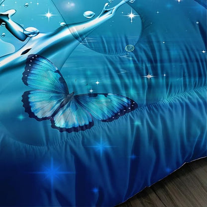 Fantasy Blue Butterfly Comforter Set King Size,Butterflies on Water Flash Bedding Sets 3 Pieces,Blue Series Aesthetic Bedding for Kids Girls Boys Room Decor with 2 Pillowcases.