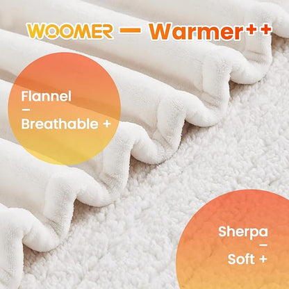 WOOMER Electric Blanket Twin Size,Durable Flannel and Soft Sherpa,Dual Control,62”×84” Heated Throw Blanket, 10 Heat Levels&0.5-12h auto-Off,Energy Efficient,ETL Certified