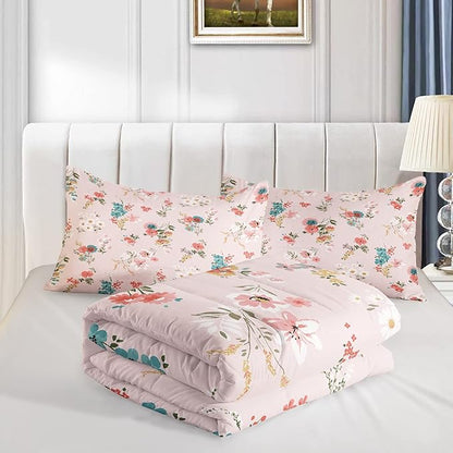 QOOMO Floral Comforter Twin Size,Pink Floral Kids Comforter Set,3Pcs Bedding Set Printed Comforter with 2 Pillowcases,Down Alternative,Soft and Lightweight,for All Seasons