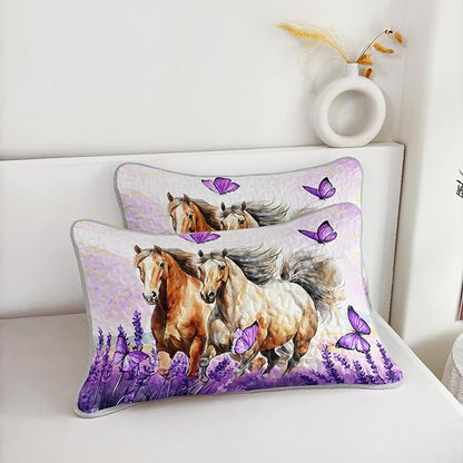 AILONEN Girls Horse Quilt Bedding Set Queen Size,Galloping Horse Bedspread Coverlet,3Pcs Purple Butterfly Lavender Flowers Animal Themed Bed Cover (1 Quilt + 2 Pillowcases)