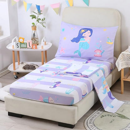 URBONUR 4-Piece Toddler Bedding Set - Ultra Soft Cartoon Mermaid Girls Toddler Comforter Set Coral Starfish - Include Comforter, Flat Sheet, Fitted Sheet and Reversible Pillowcase, Purple Mermaid