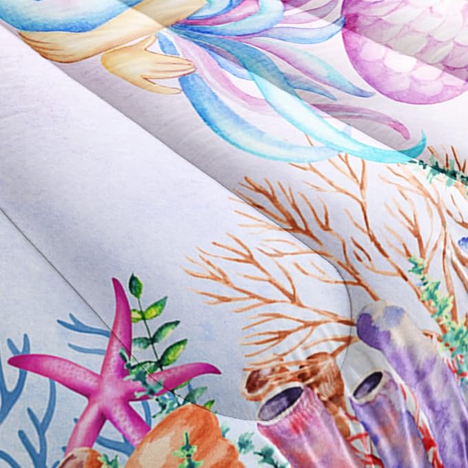 Mermaid Comforter Set Full Size Jellyfish Turtle Bedding Set Fish Grass Quilt Bed Set for Kid Girls with 1 Comforter and 2 Pillowcases