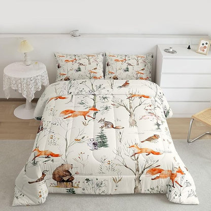 Kids Cute Animals Comforter Set King Size Cartoon Bear Fox and Rabbit Bedding Set 3Pcs for Girls Boys Adult Room Decor Foggy Tree Jungle Plants Quilt Set Hunt Adventure Duvet Insert,Beige