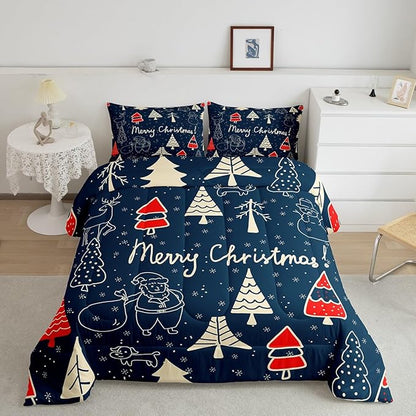 Erosebridal Cartoon Snowman Deer Comforter Set for Kids Boys Girls,Xmas Pine Tree Bedding,Merry Christmas Comforter Sets,Winter Festivals Duvet Insert with 2 Pillowcases Lightweight,King